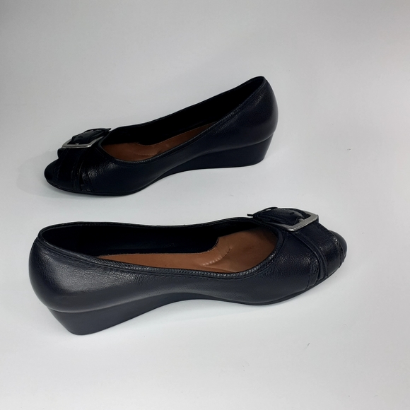 Women's Black Leather Open Toe Wedge Shoe by Sparrow Size 8.5.  Made in Brazil. - Picture 8 of 14